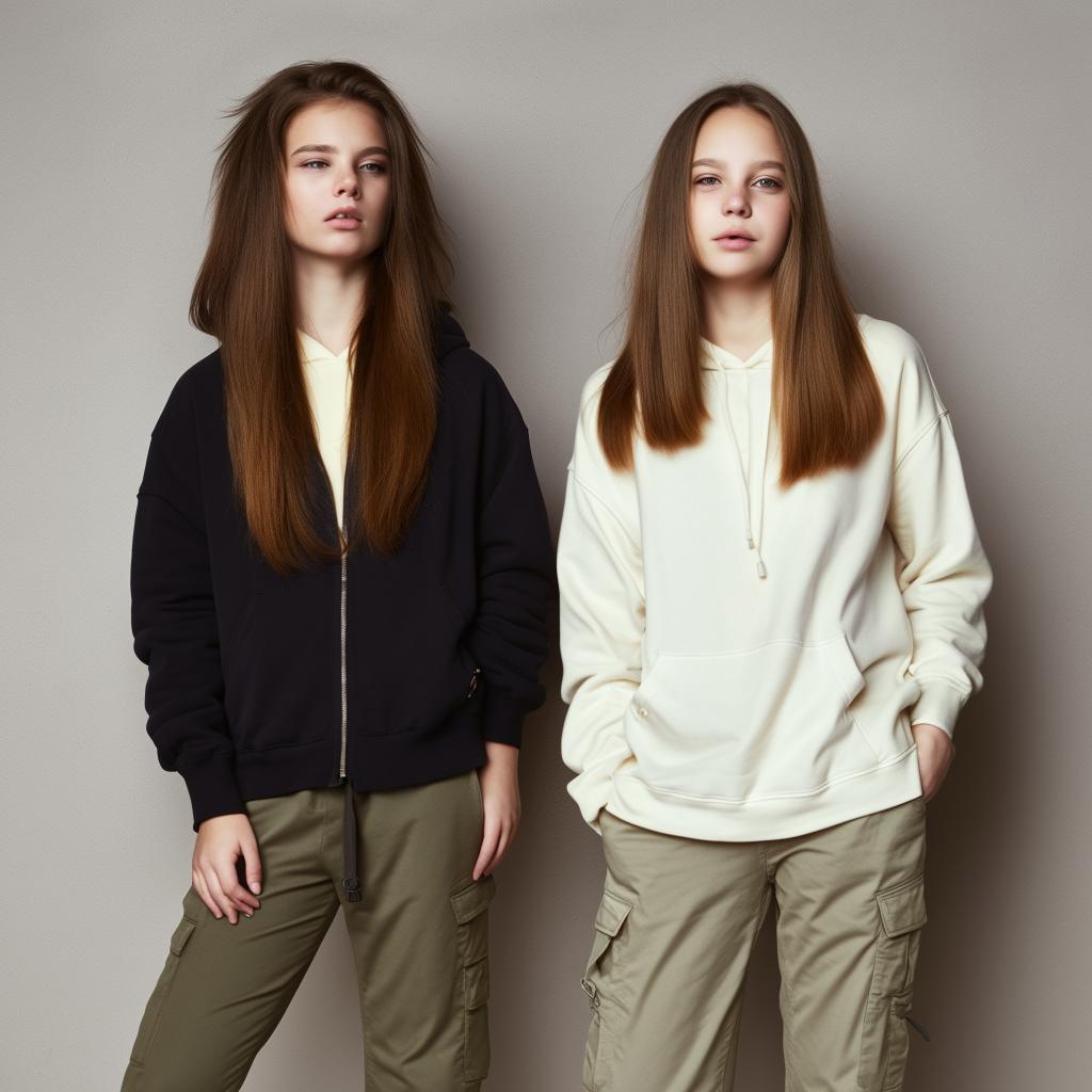 A teenage girl with wolf-like hair, wearing a black hoodie and cargo pants, standing next to her friend who has shoulder-length straight hair and is wearing a stylish cream jacket