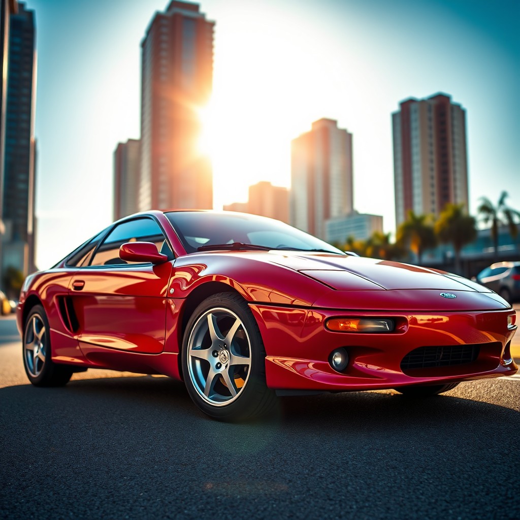A sleek Ford Probe sports car parked on a sunlit street, showcasing its unique design and sunset colors reflecting off the car's polished surface