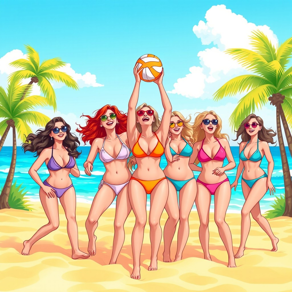 A vibrant, colorful illustration of a group of young women enjoying a sunny day at the beach