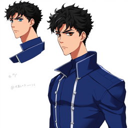 A detailed character design of an original male character, inspired by the anime Blue Lock