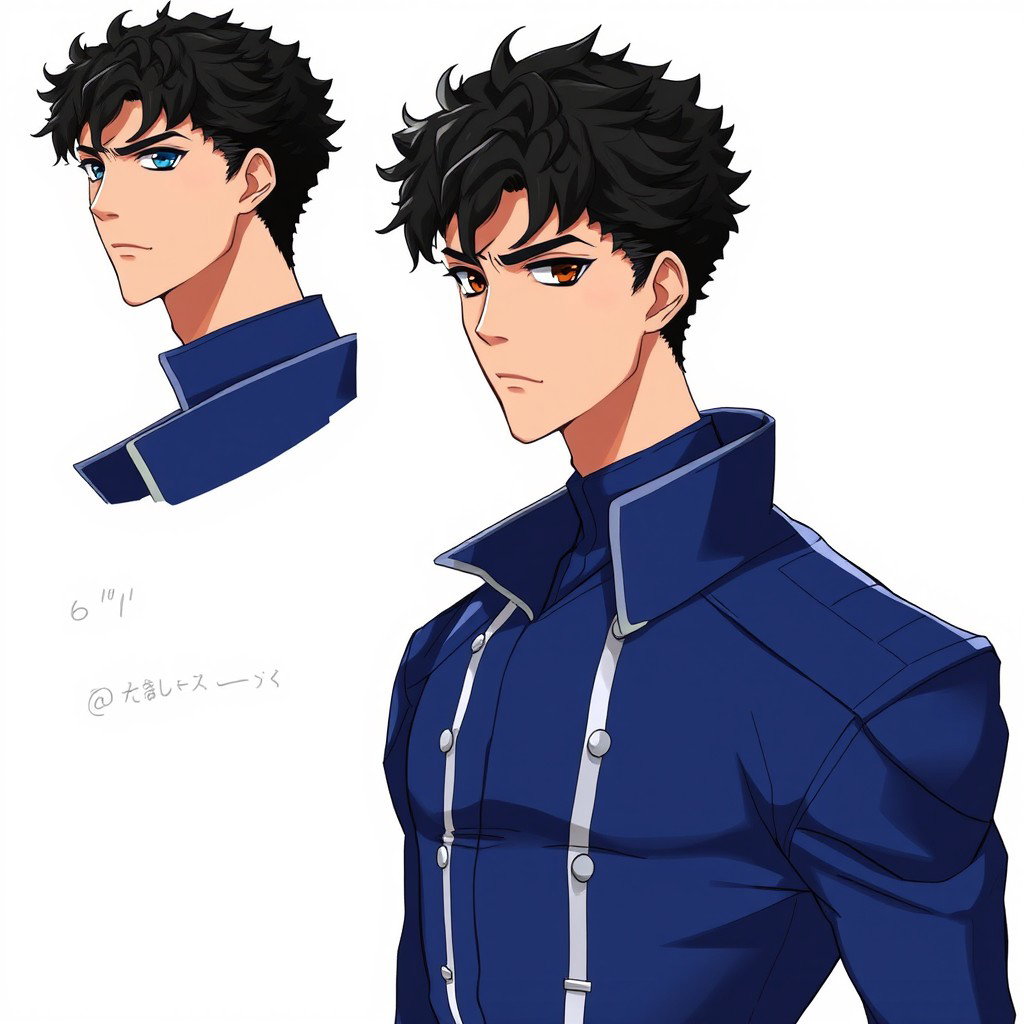 A detailed character design of an original male character, inspired by the anime Blue Lock