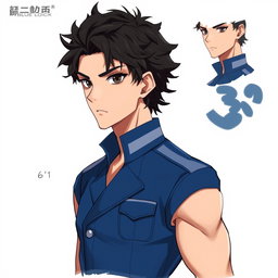 A detailed character design of an original male character, inspired by the anime Blue Lock