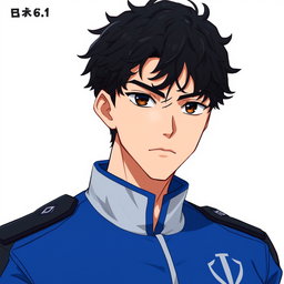 A detailed character design of an original male character, inspired by the anime Blue Lock