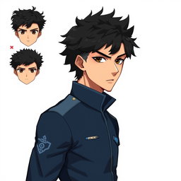 A detailed character design of an original male character, inspired by the anime Blue Lock