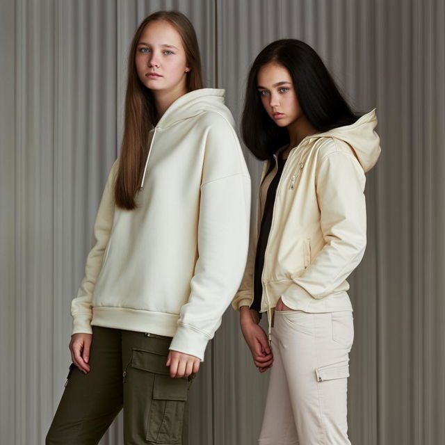 A teenage girl with wolf-like hair, wearing a black hoodie and cargo pants, standing next to her friend who has shoulder-length straight hair and is wearing a stylish cream jacket