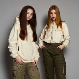 A teenage girl with wolf-like hair, wearing a black hoodie and cargo pants, standing next to her friend who has shoulder-length straight hair and is wearing a stylish cream jacket