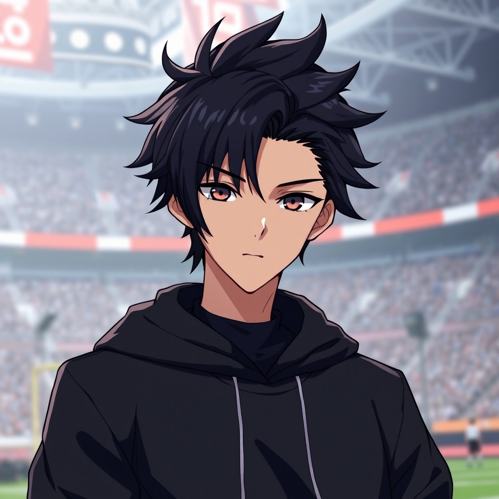 A male anime original character inspired by Bluelock, featuring distinct black hair styled with volume on the top and intricate hair types including parietal, side, temple, and crown elements on the right side, while a smaller section is stylishly parted to the left