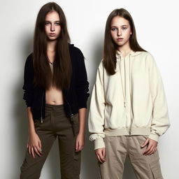 A teenage girl with wolf-like hair, wearing a black hoodie and cargo pants, standing next to her friend who has shoulder-length straight hair and is wearing a stylish cream jacket