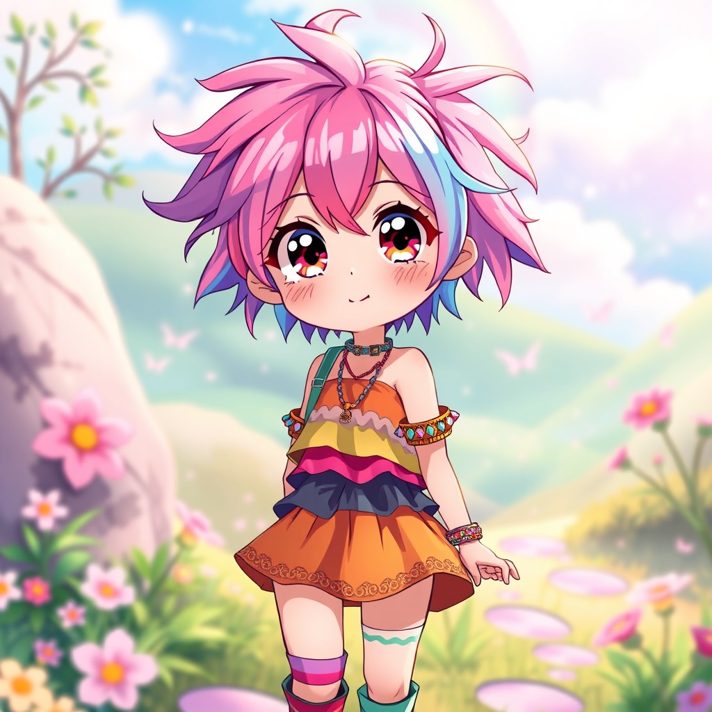 A vibrant and whimsical anime girl with a manic pixie haircut, featuring bright, multicolored hair that is tousled and carefree