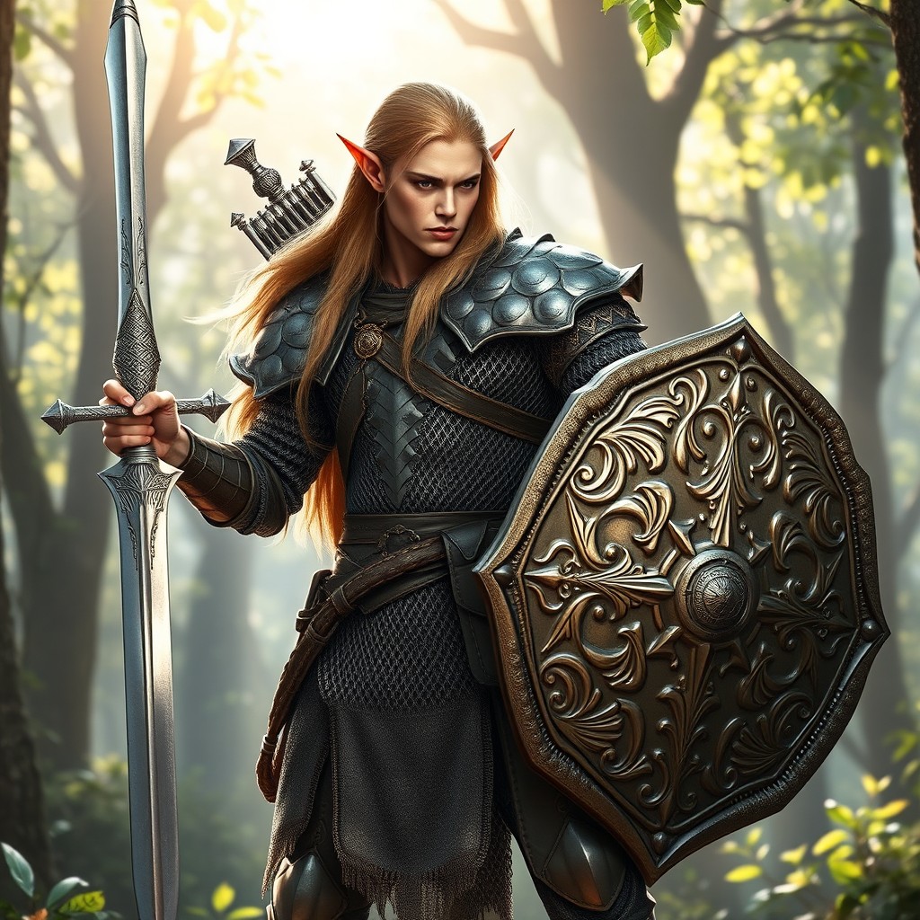 A majestic high elf warrior standing confidently, wielding a shining sword and ornate shield