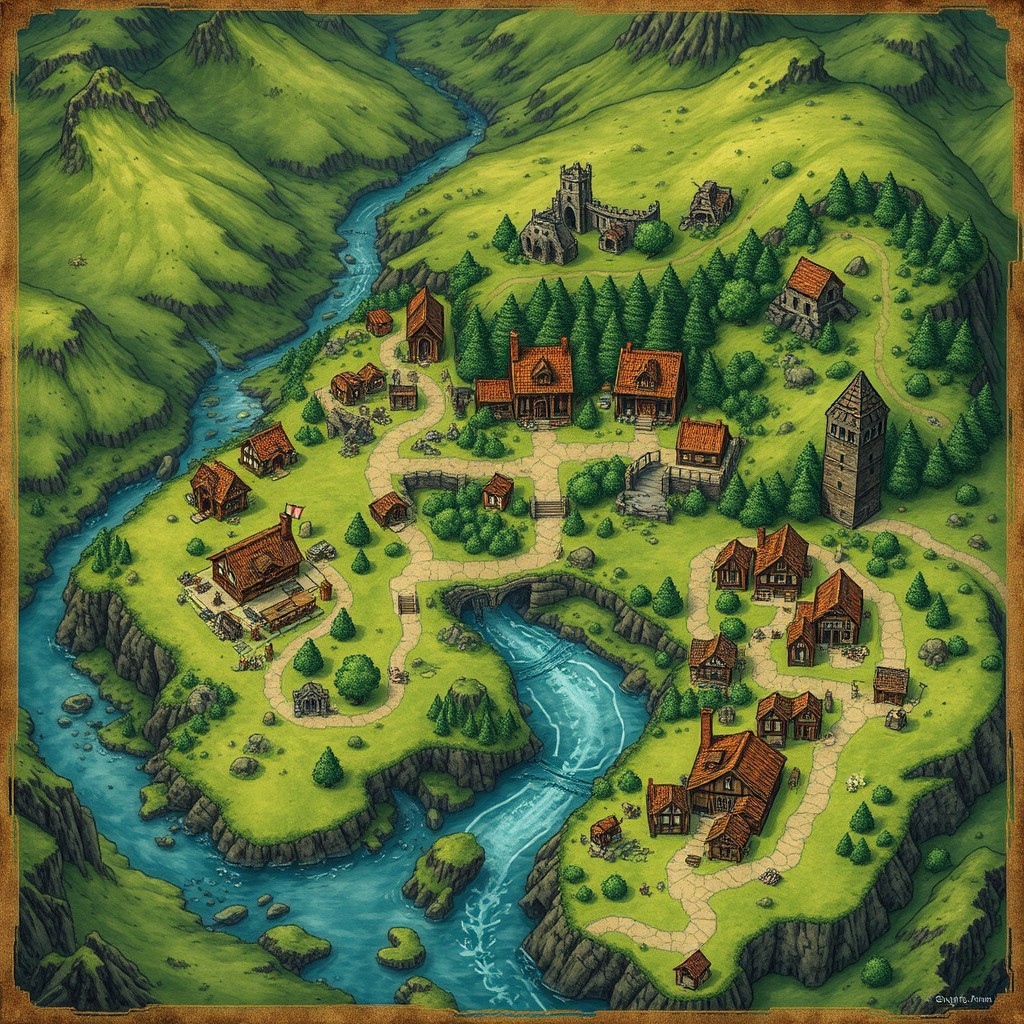 A detailed fantasy map for Dungeons & Dragons featuring the village of Brackenford, populated by 50 residents