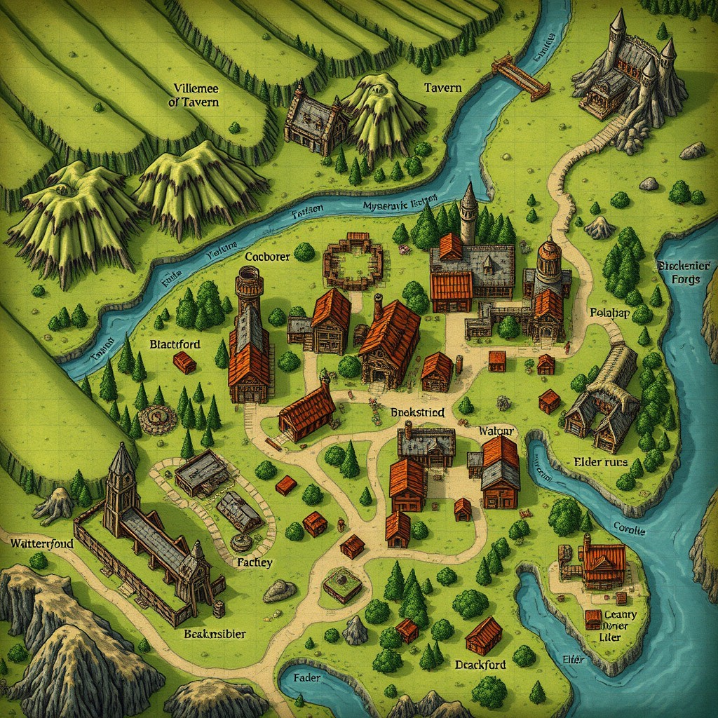 A detailed fantasy map for Dungeons & Dragons illustrating the village of Brackenford, which has a population of 50 residents