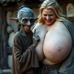In a medieval village, a tiny elderly Goblin woman with very dark skin and an emaciated body stands out with her sharp, crooked teeth and elf-like ears