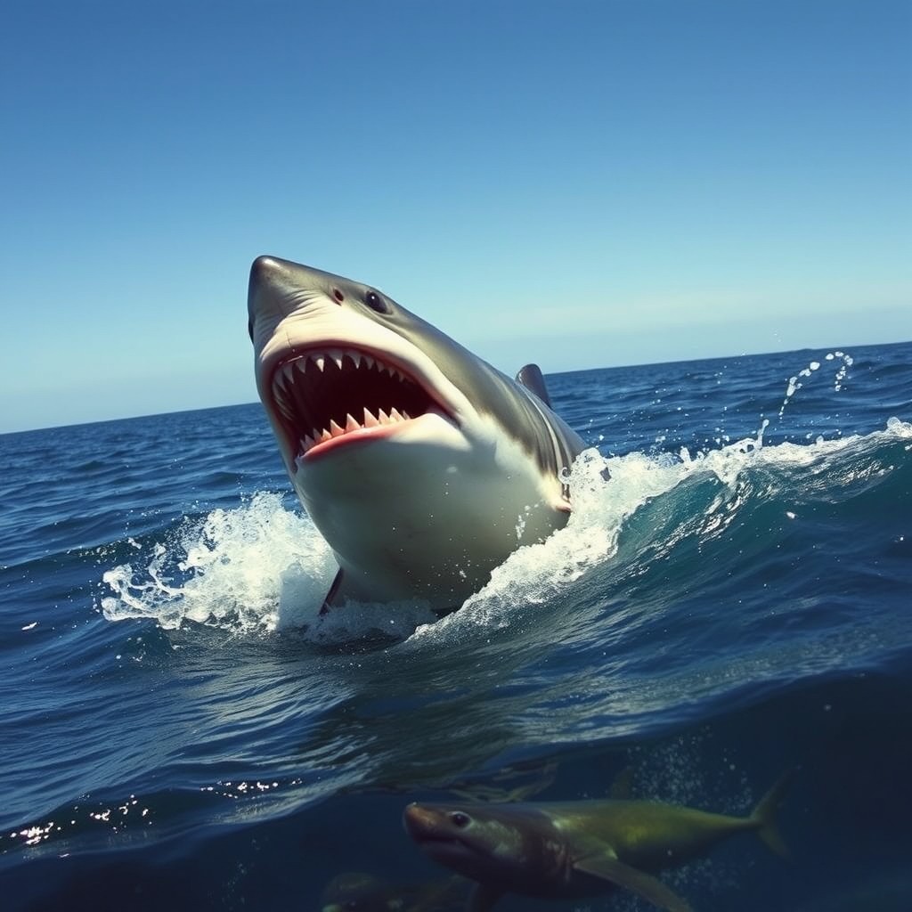 A terrifyingly realistic great white shark breaching the surface of the ocean, mouth wide open revealing sharp teeth, splashing water dramatically around it, under a clear blue sky
