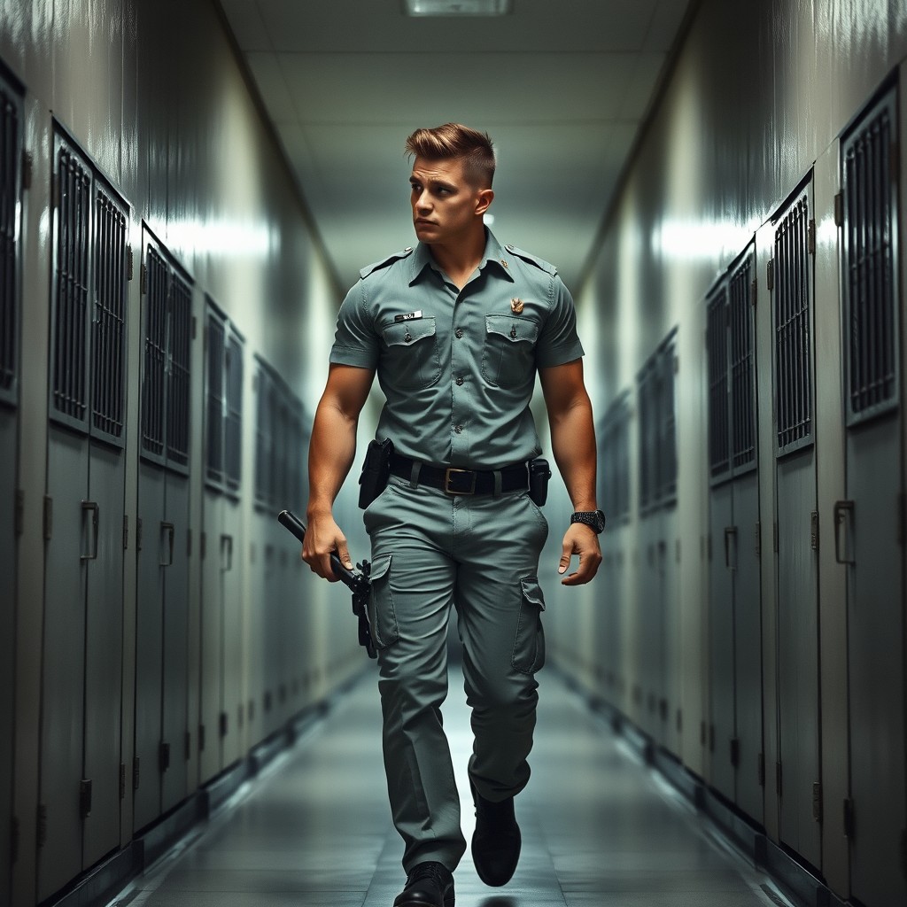 A young, tall, and muscular prison guard, around 20 years old, stands at an impressive height of two meters, showcasing his well-built biceps, broad shoulders, and strong thighs
