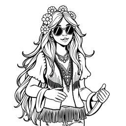 A black and white adult coloring book page featuring a beautiful, charming hippie woman