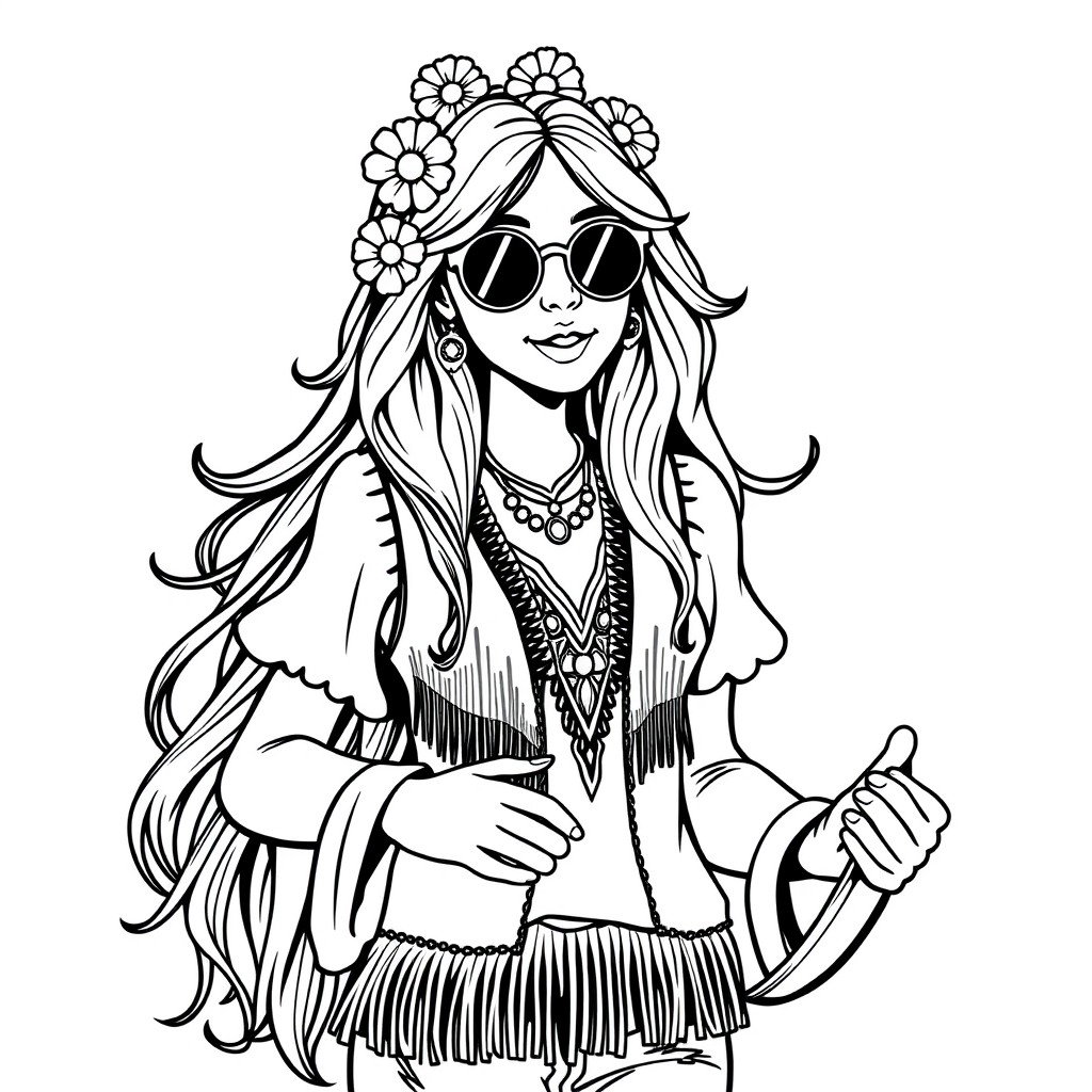 A black and white adult coloring book page featuring a beautiful, charming hippie woman