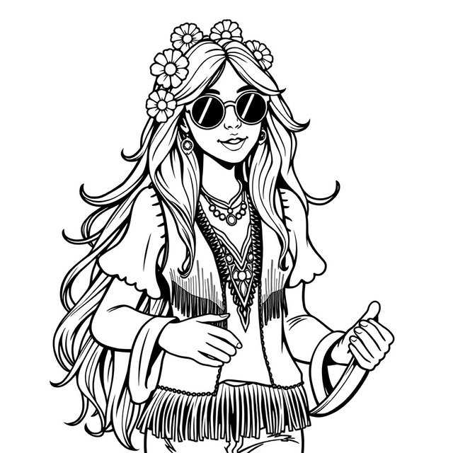 A black and white adult coloring book page featuring a beautiful, charming hippie woman