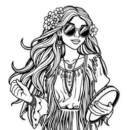 A black and white adult coloring book page featuring a beautiful, charming hippie woman