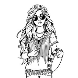 A black and white adult coloring book page featuring a beautiful, charming hippie woman