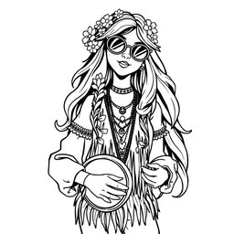 A black and white adult coloring book page featuring a beautiful, charming hippie woman