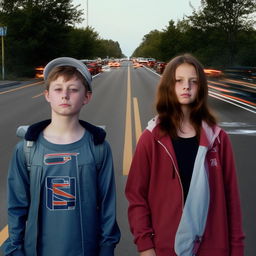 A compelling image of a boy and girl, over the age of 15, making eye contact amidst a noisy road, each dressed in attire featuring the letter 'S'.