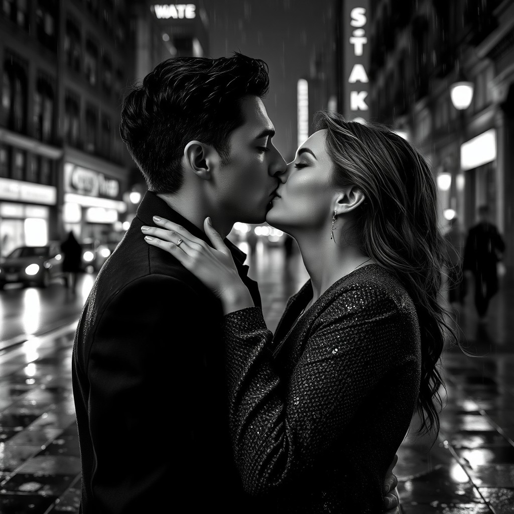 A black and white photorealistic image of a romantic couple kissing in the rain on a New York street at night