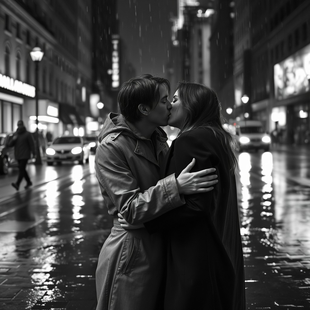 A black and white photorealistic image capturing a romantic couple kissing in the rain in New York at night