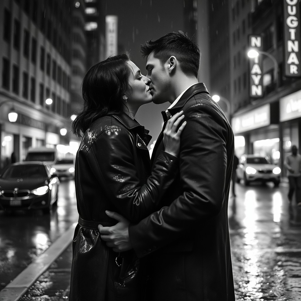 A photorealistic black and white image of a romantic couple passionately kissing in the rain on a bustling New York street at night