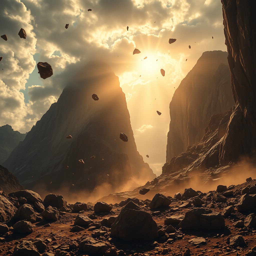 An epic cinematic scene depicting majestic mountains rising from the ground, viewed from a low angle (from below looking up), while large rocks and fragments of stone fall from the sky in slow motion