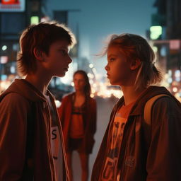 A compelling image of a boy and girl, over the age of 15, making eye contact amidst a noisy road, each dressed in attire featuring the letter 'S'.