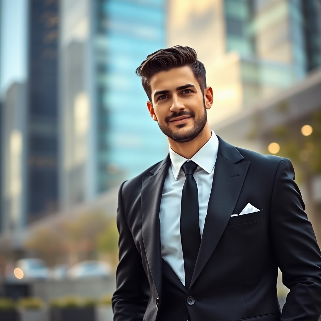 A stylish man dressed in a tailored black suit with a crisp white shirt and a sleek black tie, standing confidently with a slight smile