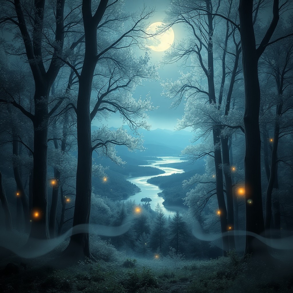 A captivating mystic background featuring a serene and ethereal forest bathed in moonlight