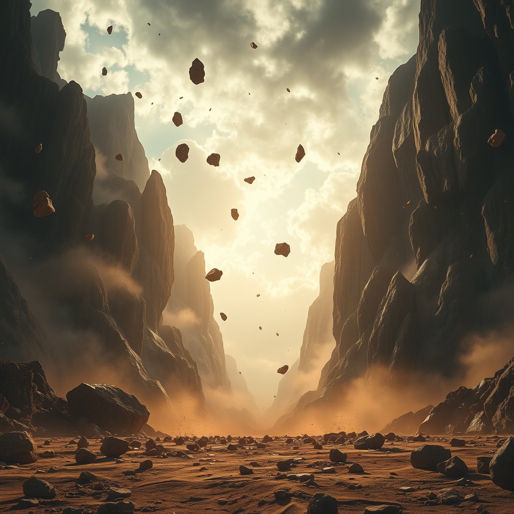 An epic cinematic scene depicting majestic mountains rising from the ground, viewed from a low angle (from below looking up), while large rocks and fragments of stone fall from the sky in slow motion