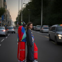 A compelling image of a boy and girl, over the age of 15, making eye contact amidst a noisy road, each dressed in attire featuring the letter 'S'.