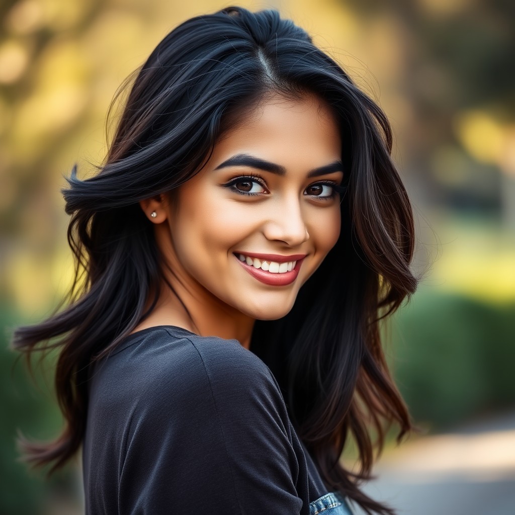 A close-up portrait of a confident young woman with an alluring smile, showcasing her beautiful features and playful expression