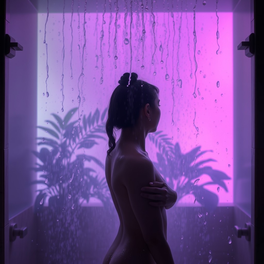 A steamy scene in a luxurious shower with cascading water droplets creating an ethereal atmosphere
