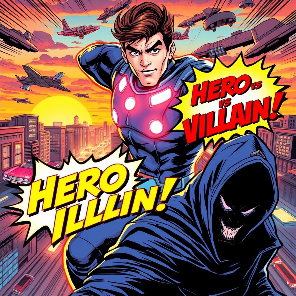A vibrant comic book cover featuring a heroic character in a dynamic pose, dressed in a futuristic suit with glowing accents