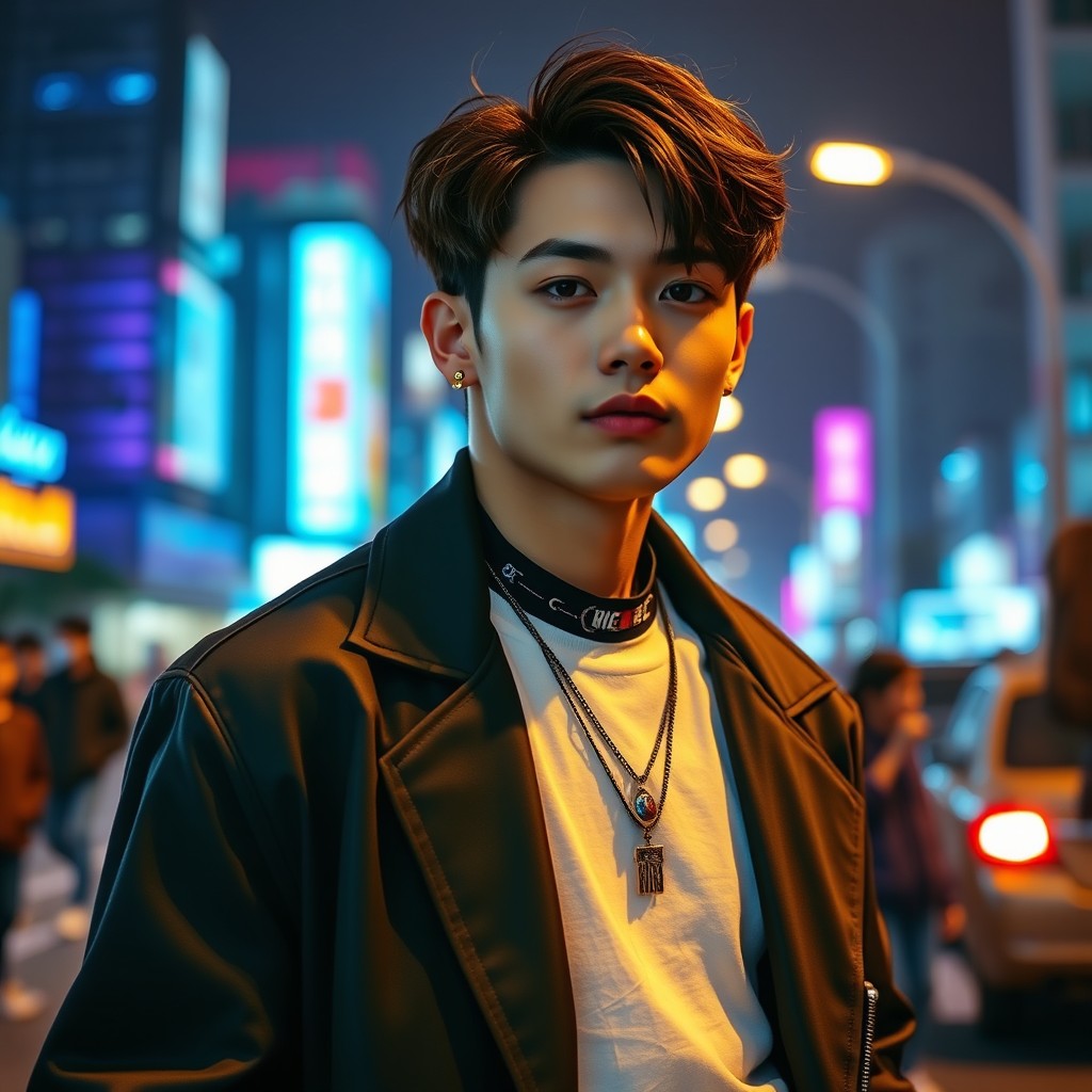 A handsome K-Pop boy group member inspired by the style of Stray Kids, showcasing a confident and charming demeanor