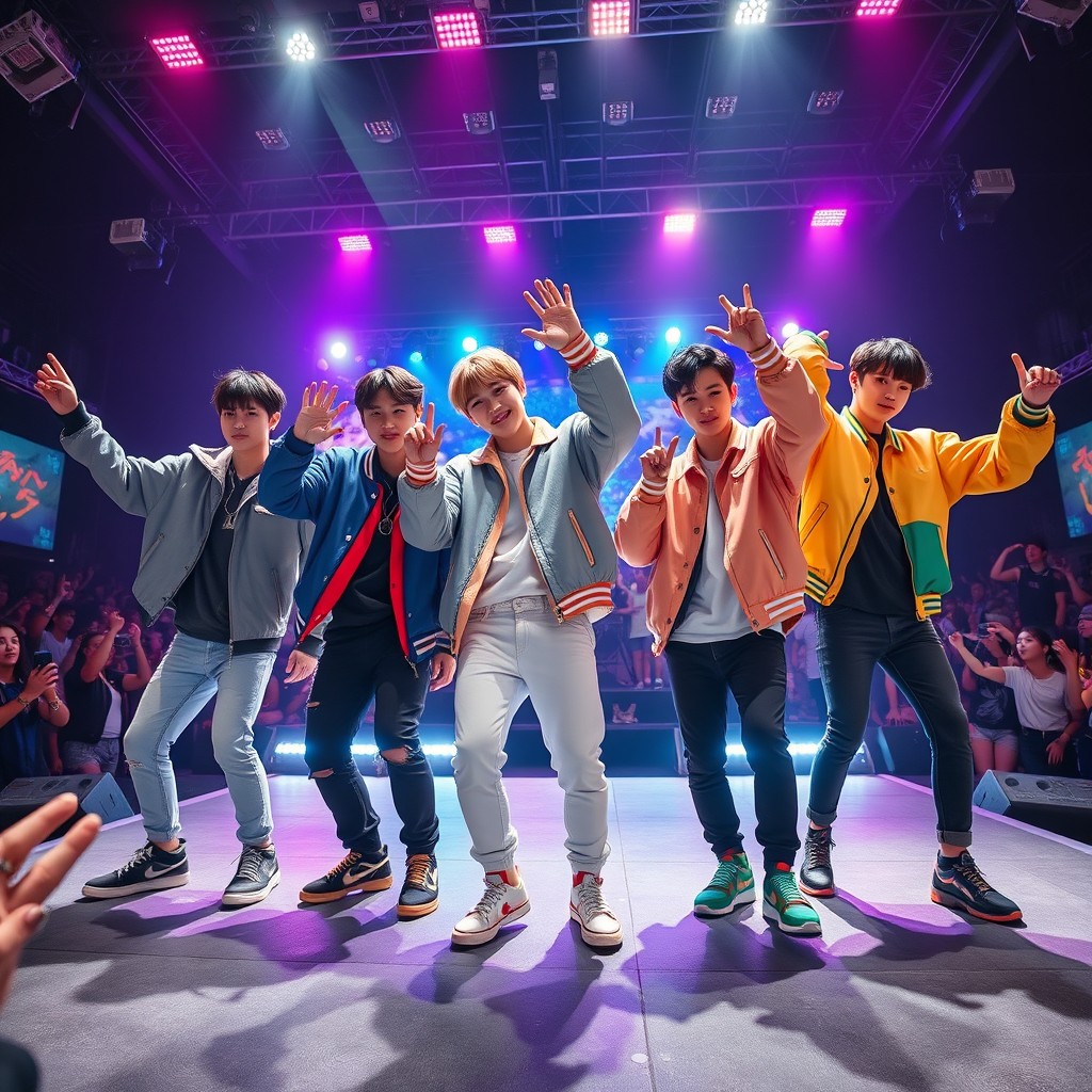 A dynamic K-Pop boy band performing on stage, each member showcasing their unique style and charisma