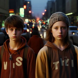 A compelling image of a boy and girl, over the age of 15, making eye contact amidst a noisy road, each dressed in attire featuring the letter 'S'.