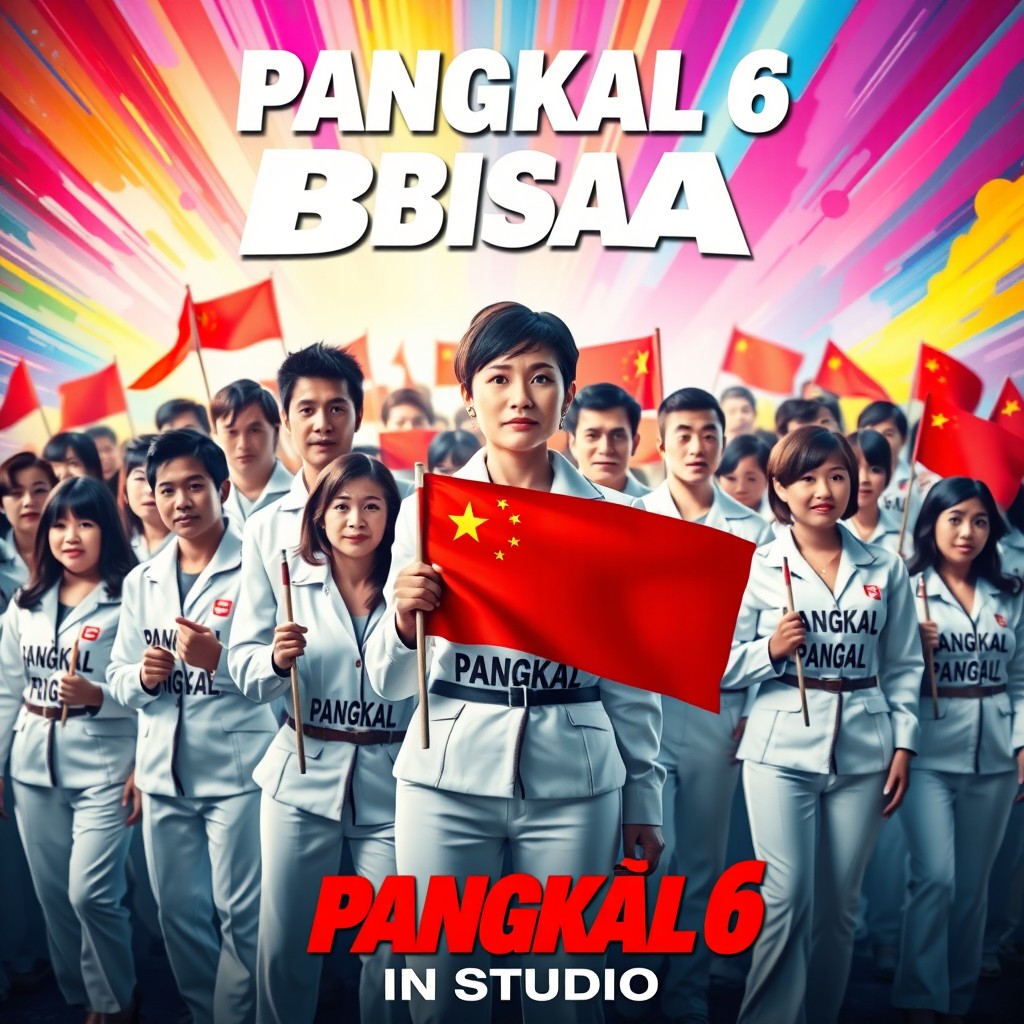 A vibrant movie poster showcasing a large group of people with one female boss sporting short hair