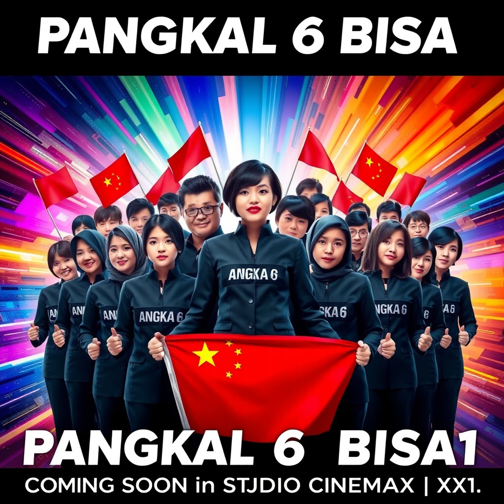 A striking movie poster featuring a large group of people with one female boss who has short hair