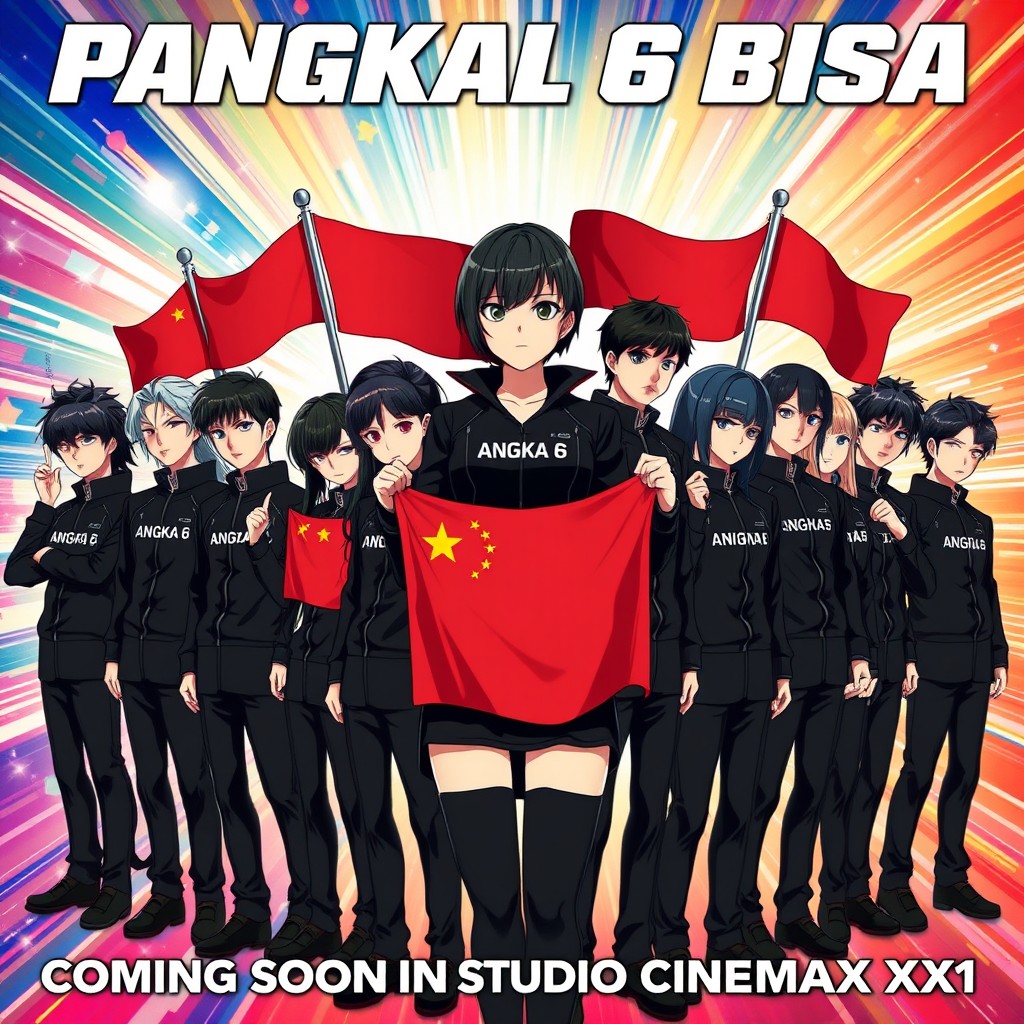 An anime-style movie poster featuring a large group of characters with one female boss who has short hair