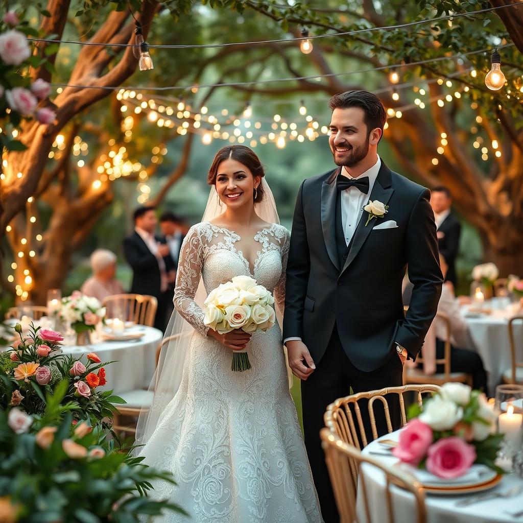 A dreamy wedding scene featuring a beautiful bride and a dashing groom, surrounded by lush greenery and colorful flowers