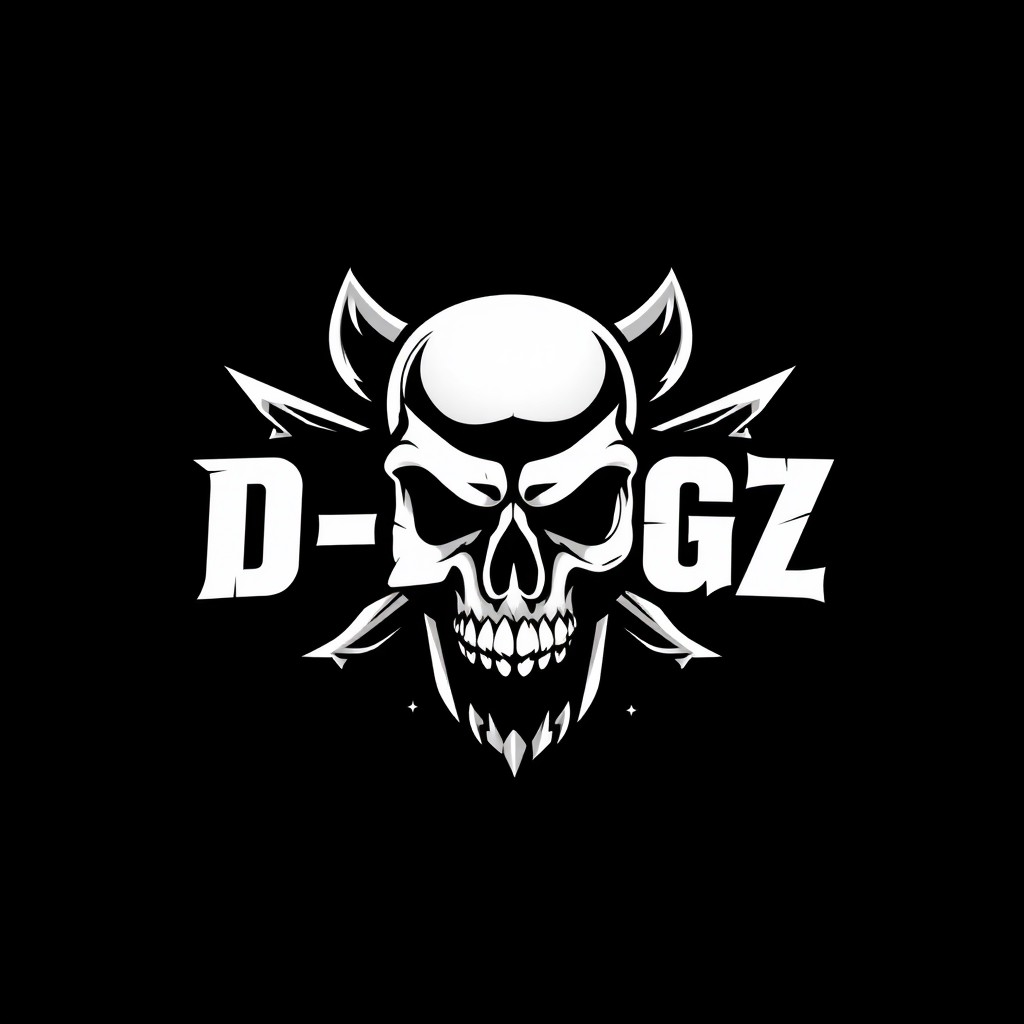 A bold and aggressive logo design featuring the text 'D-DOGZ' in striking white typography, set against a deep black background