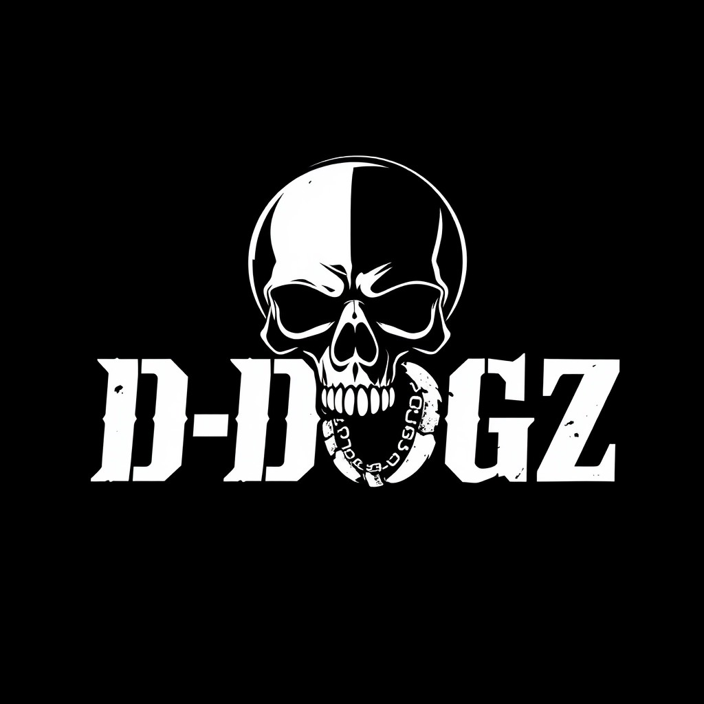 A striking logo design featuring the text 'D-DOGZ' in aggressive white typography against a deep black background