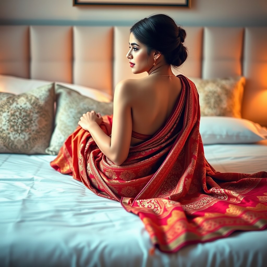 A beautiful young woman lounging on a bed, wearing an elegant saree, showcasing vibrant colors and intricate patterns