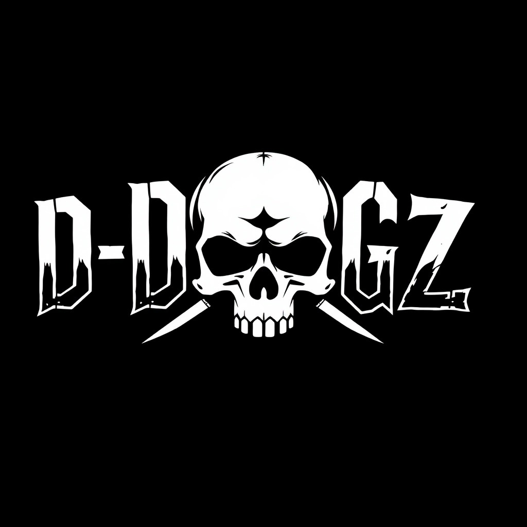 A striking logo design featuring the text 'D-DOGZ' in aggressive white typography against a deep black background
