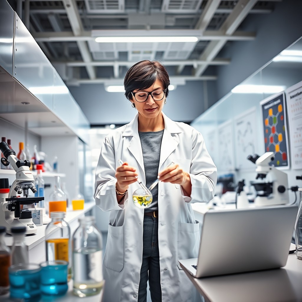 A modern scientist in a sleek laboratory, passionately conducting experiments